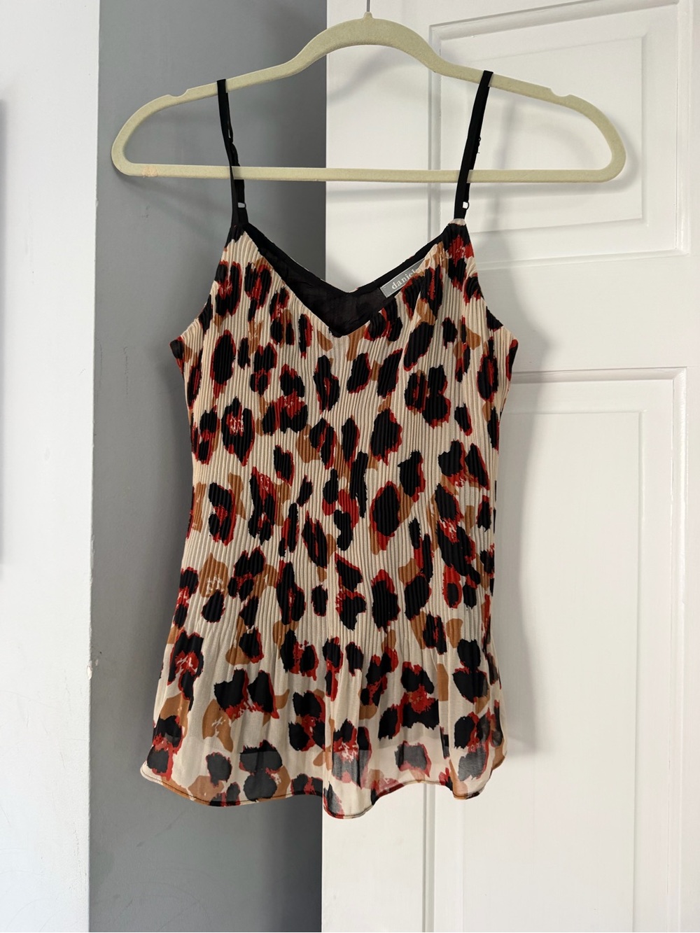 Daniel Rainn Beige Leopard Pleated Cami with Black and Red Spots